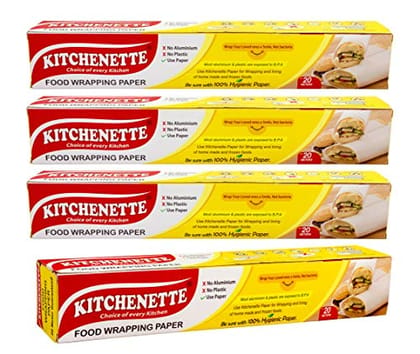 Kitchenette Food Wrapping Paper - 20 Meters X 11 inch | Roti Wrap | Food Grade | Non Stick I Microwave Safe | Butter Paper | Non printed | Coreless Roll Inside 100% Hygienic - Pack of 4