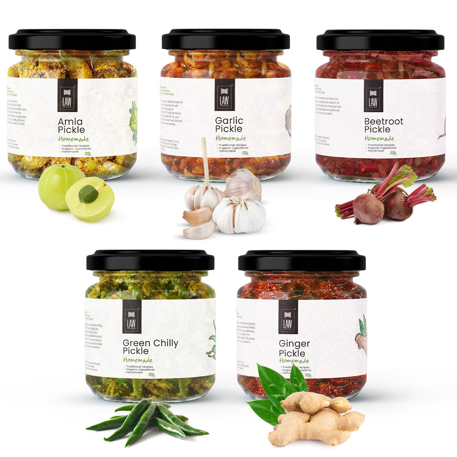 Gift Pack of 5 different South Indian Style Homemade Pickles – 250 gm each
