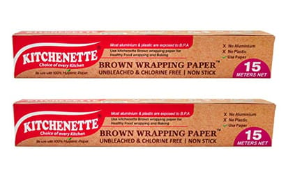 Kitchenette Brown Food Wrapping & Baking Paper (Unbleached & Chlorine Free) Multipurpose | Oven and Microwave Safe | Non Stick - 15 Meters ( Pack of 2 )