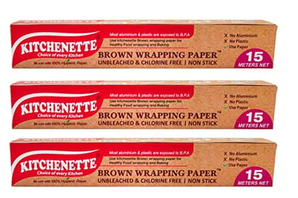 Kitchenette Brown Food Wrapping & Baking Paper (Unbleached & Chlorine Free) Multipurpose | Oven and Microwave Safe | Non Stick - 15 Meters ( Pack of 3 )