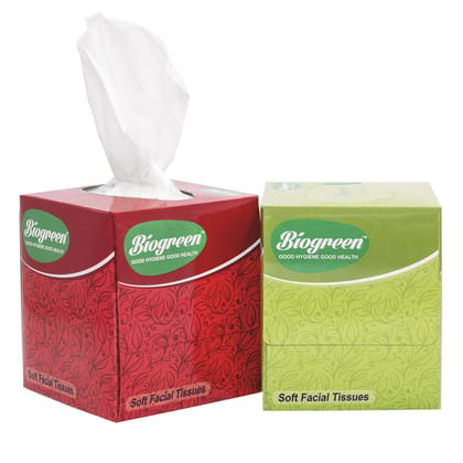 Biogreen Soft Facial/Face Tissues, 2 Ply 80 Pulls Each Box - Pack of 2 | square box facial tissue | Cube Facial Tissue Box For Car Glove Box Access, Home, Shop Multipurpose