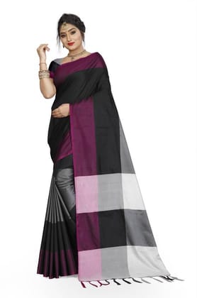 Black Checkered Bollywood Cotton Silk Saree Tassels on Pallu