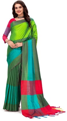 Green Checkered Bollywood Cotton Silk Saree Tassels on Pallu