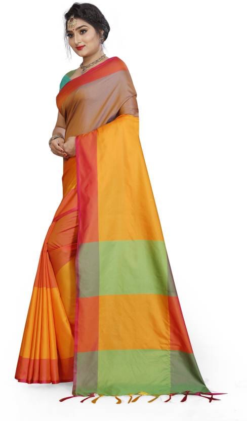 Orange Checkered Bollywood Cotton Silk Saree Tassels on Pallu