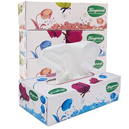 Biogreen Soft Facial/Face Tissues, 2ply, 100 Pulls, 100 Pulls X 2 Ply = 200 Sheets/Box Pack of 4 (Premium Soft Facial Tissues)
