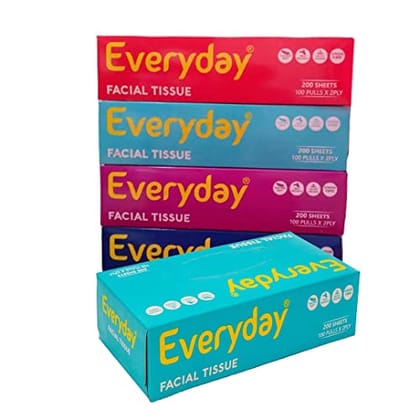 Everyday Soft face tissue | 2 Ply virgin Face Tissue 100 Pulls/Box Pack of 5 | 100 Tissue/Box X 5 = 500 Tissues| For Car, House, makeup and more!