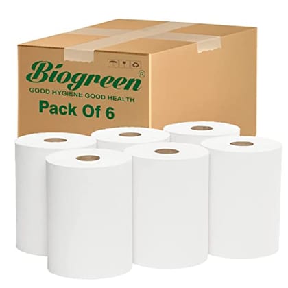 Biogreen || HRT Paper Towel || Fast drying || Highly absorbent || 150 Meters per roll - pack of 6 Universal size Compatible with all dispensers | Roll Diameter 16cm