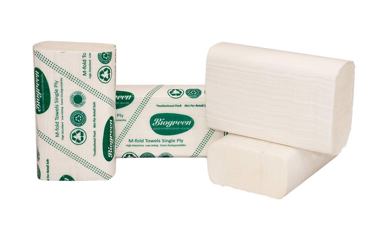 Biogreen M Fold Tissue Paper Towel | Pack of 4 | Sheet Size 21cm X 21cm 125 Sheet/Pkt 35 GSM Paper | 600 Sheets High Absorbent Mulitpurpose TIssue Paper / Tissue Towel used in restaurents, dhaba, hotel, cafeterias and more !