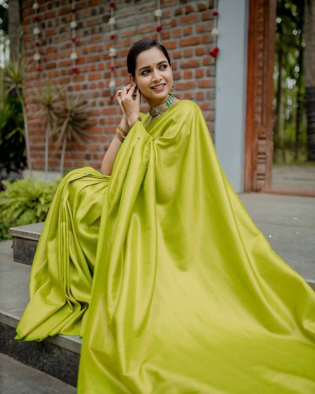 Lime Yellow Zari Work Banarasi Saree With Blouse Piece