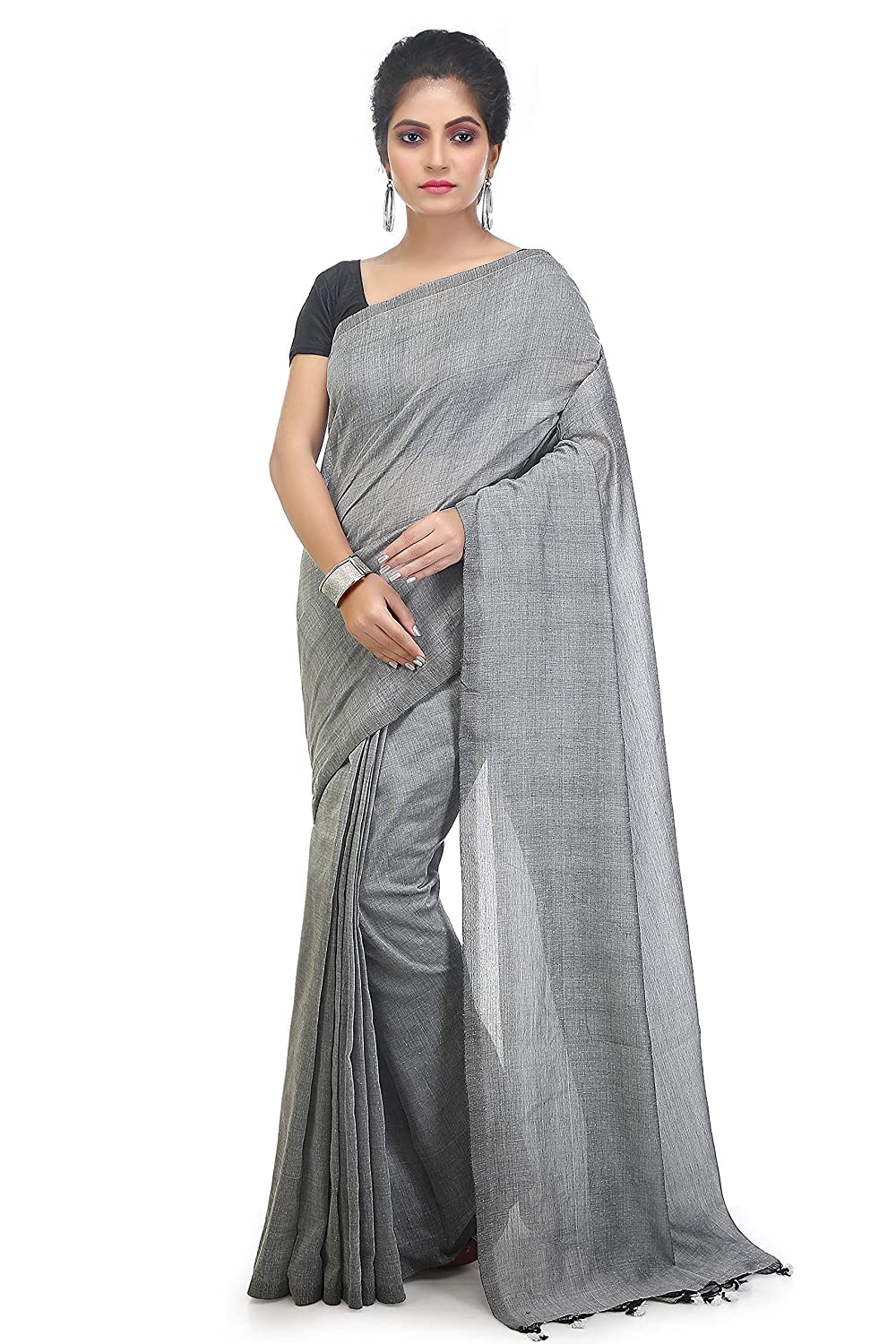 OCAU Women's Handloom Grey Solid Saree