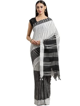 OCAU Women's Pure Cotton Handloom Saree (Ikkat Effect - Grey and Black)