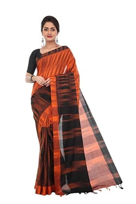 Women's Pure Cotton Handloom Saree (Ikkat Effect - Orange and Black)