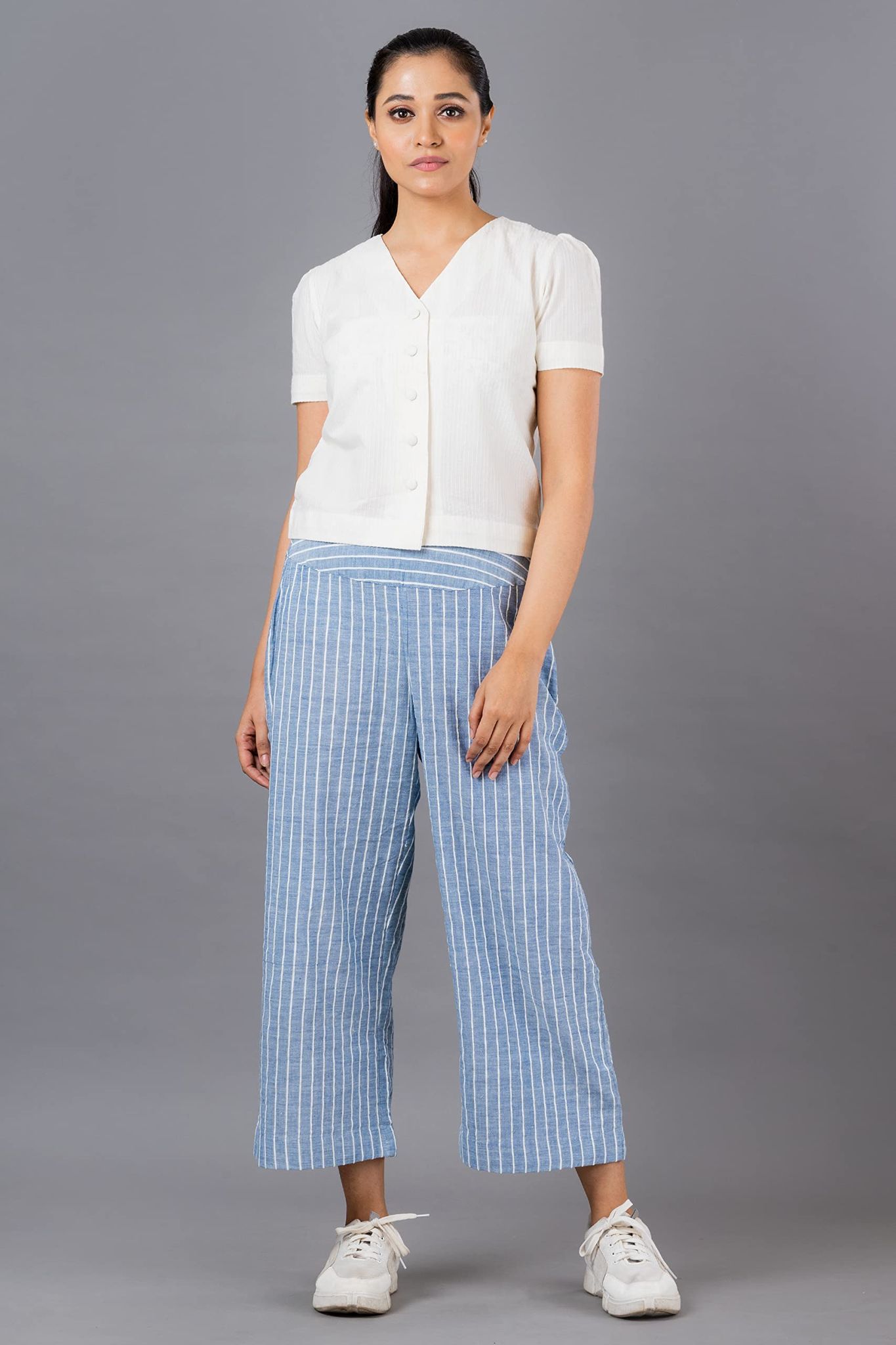 OCAU Women's Khadi Striped Blue and Off White Co - ord