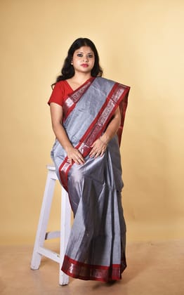 OCAU Women's Cotton Saree | Red Border | Grey