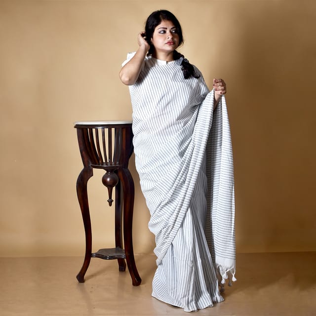 Buy Mahalaxmi Fab Women White, Black Striped Pure Silk Bollywood Saree  Online at Best Prices in India - JioMart.