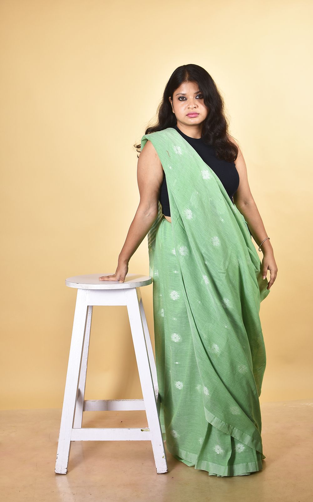 OCAU Women's Jamdani Cotton Saree | Floral Motifs | Pistachio Green