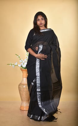 OCAU Women's Cotton Saree | Zari Border | Black