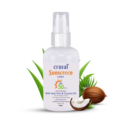 CRURAL Sunscreen Lotion SPF 50 PA+++ with Aloe Vera and Coconut Oil for Skin Ray Protection | for Men & Women | No White Cast, Paraben, Silicon | 100ml