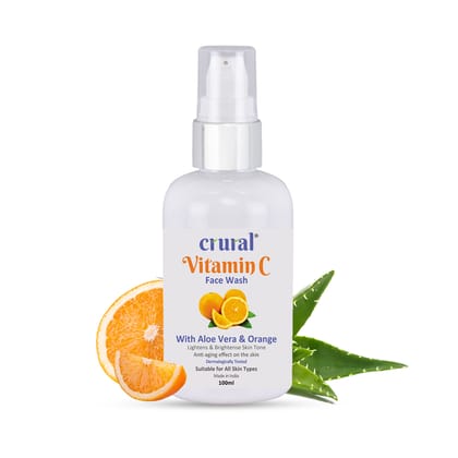 CRURAL Vitamin C Face Wash with Aloe Vera and Orange for Skin Brightening and Glowing | All Skin Types | Men & Women | No Paraben, Sulphate | 100ml