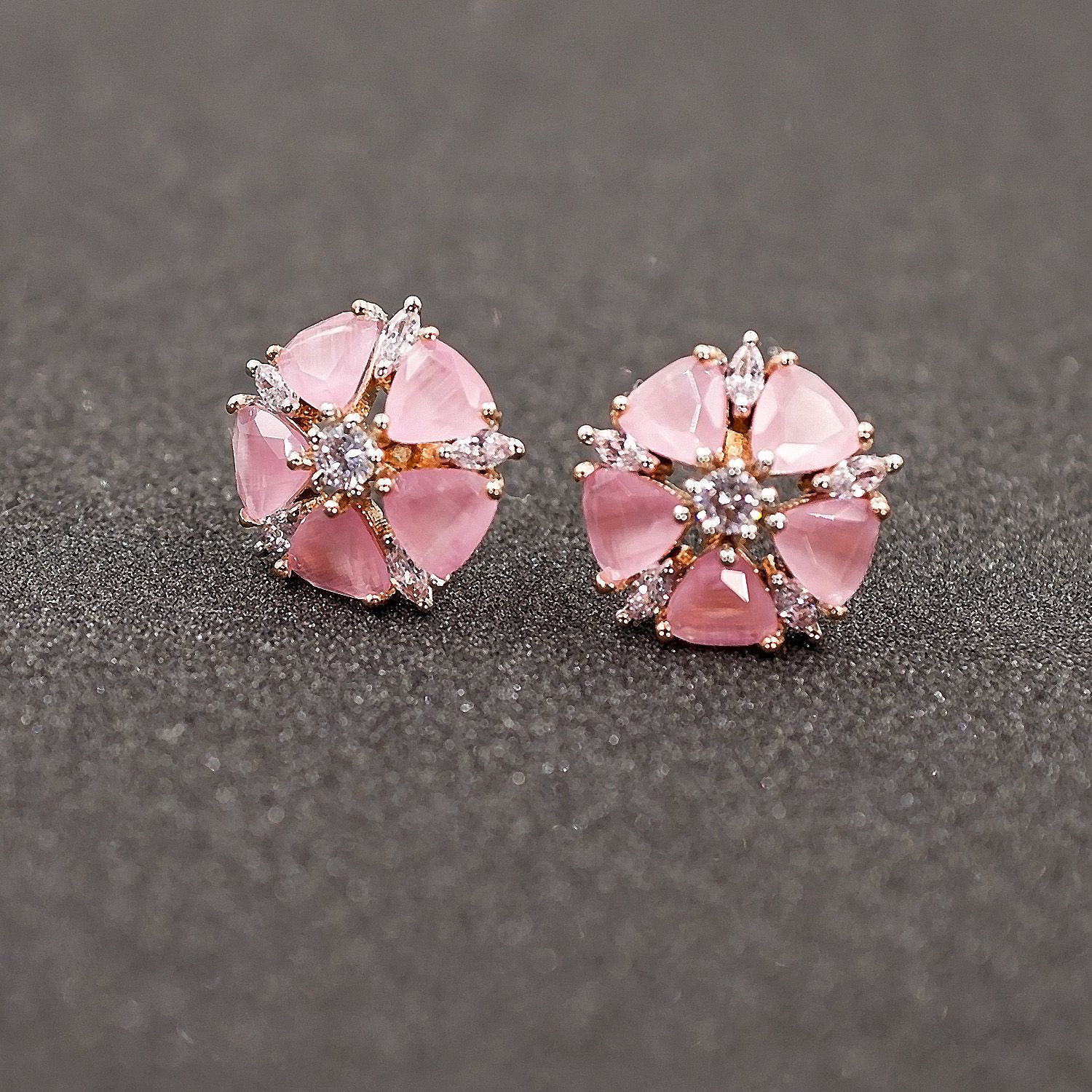 Morganite CZ Stud Earrings in Sterling Silver Rhodium Plate