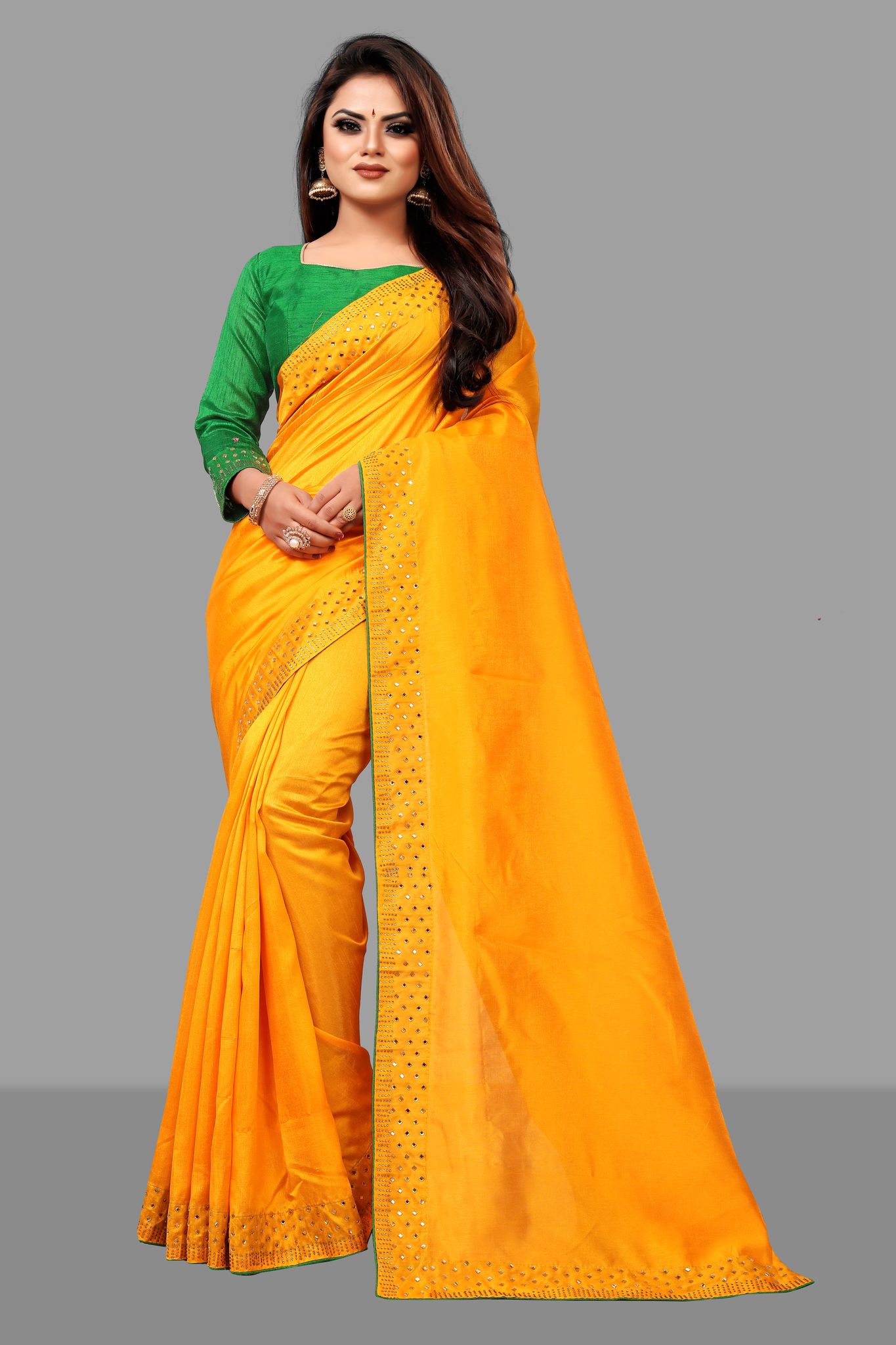 BGMK ENTERPRISE Zoya Yellow color Diamond Work Soft Silk Saree With Unstitched Blouse