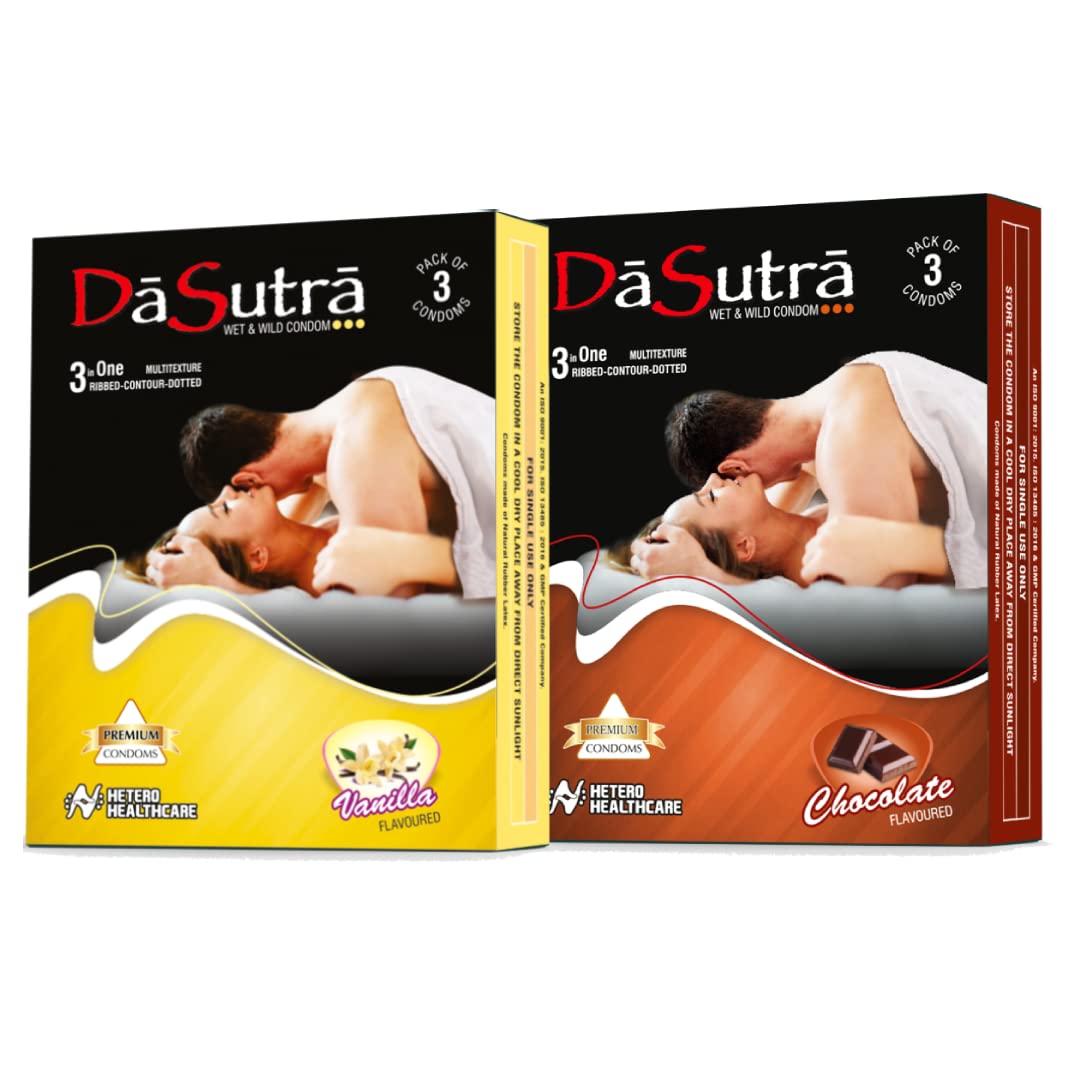 Dasutra Wet and Wild Dotted Flavoured Chocolate & Vanilla Condoms for Men - 30 Count (Pack of 10)