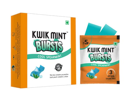 Kwik Mint Bursts Sugar Free Mouth Freshener Oral Care Strips, Spearmint Flavour for Fresh Breath | Refreshes Your Throat, Clear Nostrils, & Fights Bad Breath  - Pack of 1 (40 Sachets - 120 Strips)