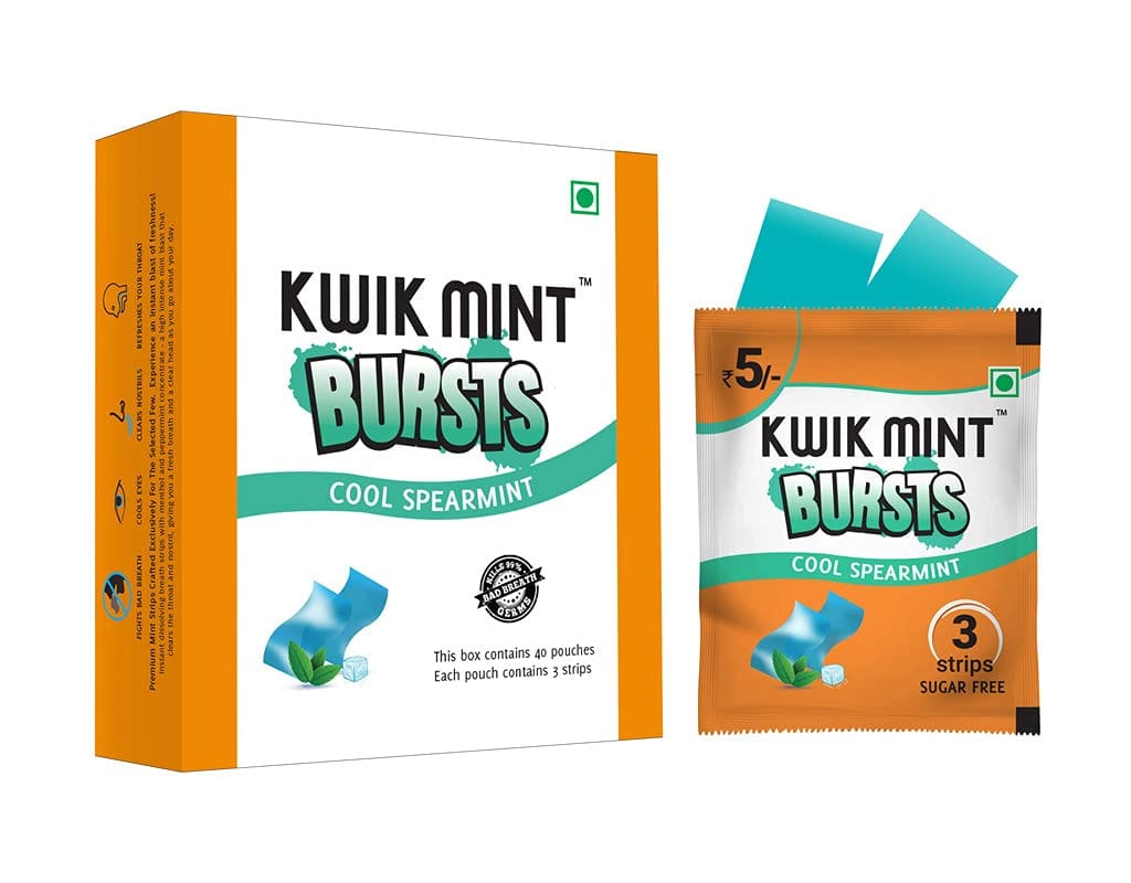 Kwik Mint Bursts Sugar Free Mouth Freshener Oral Care Strips, Spearmint Flavour for Fresh Breath | Refreshes Your Throat, Clear Nostrils, & Fights Bad Breath  - Pack of 1 (40 Sachets - 120 Strips)