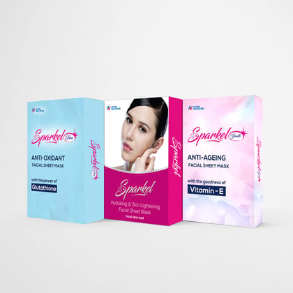 Sparkel Face Sheet Masks Combo Pack (Hydrating & Skin Lightening - Anti Oxidant Youth - Anti-Aging Glow)