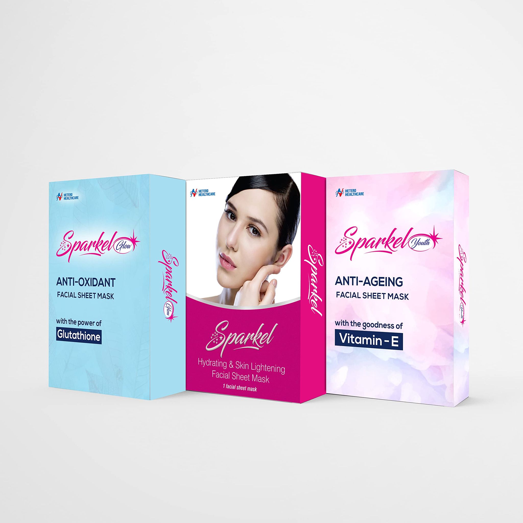 Sparkel Face Sheet Masks Combo Pack (Hydrating & Skin Lightening - Anti Oxidant Youth - Anti-Aging Glow)