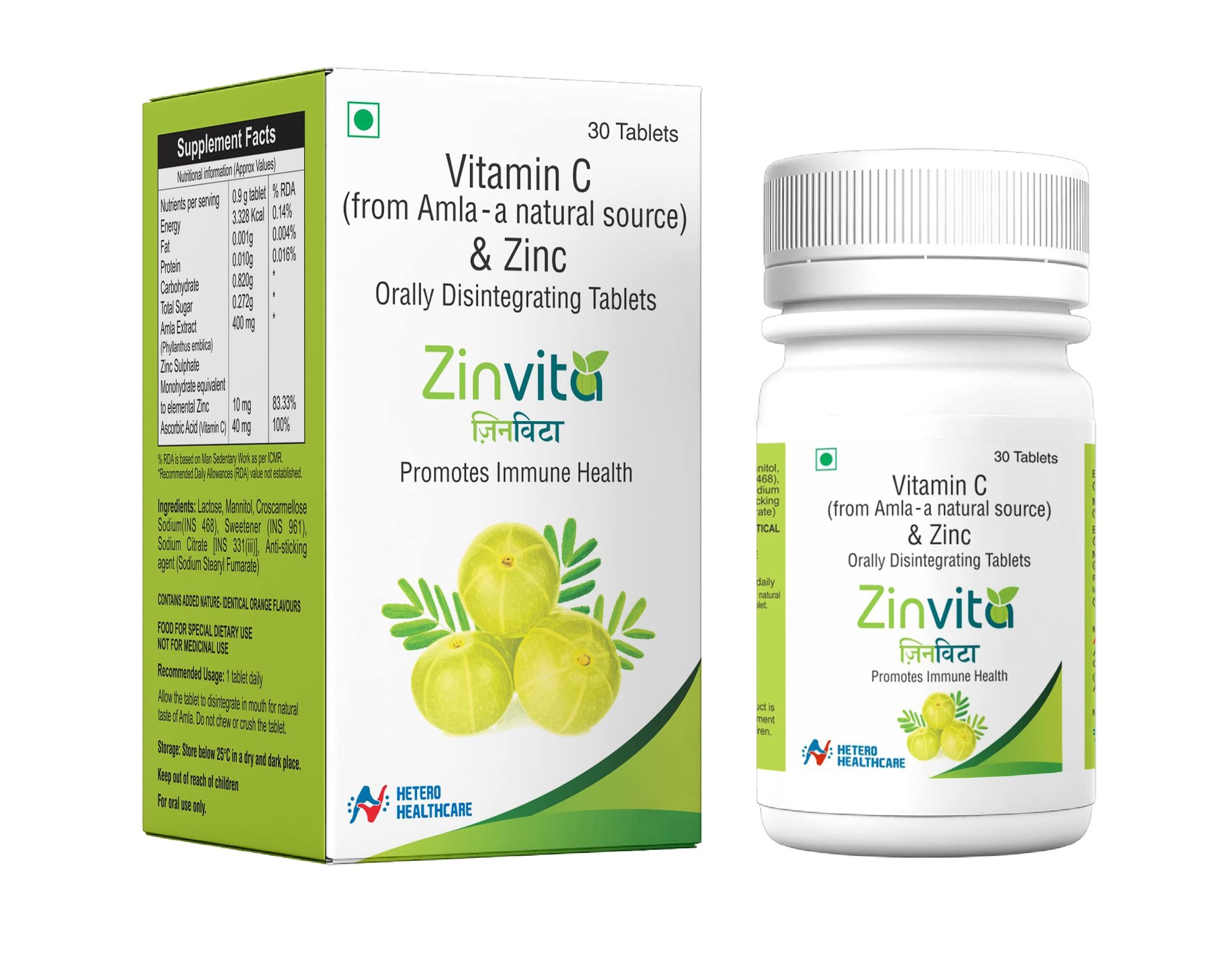 Zinvita - Vitamin C (From Amla Extract) and Zinc - Orally Disintegrated Multivitamins 30 Tablets - Best Immunity Boosters Supplements For Adults Men Women