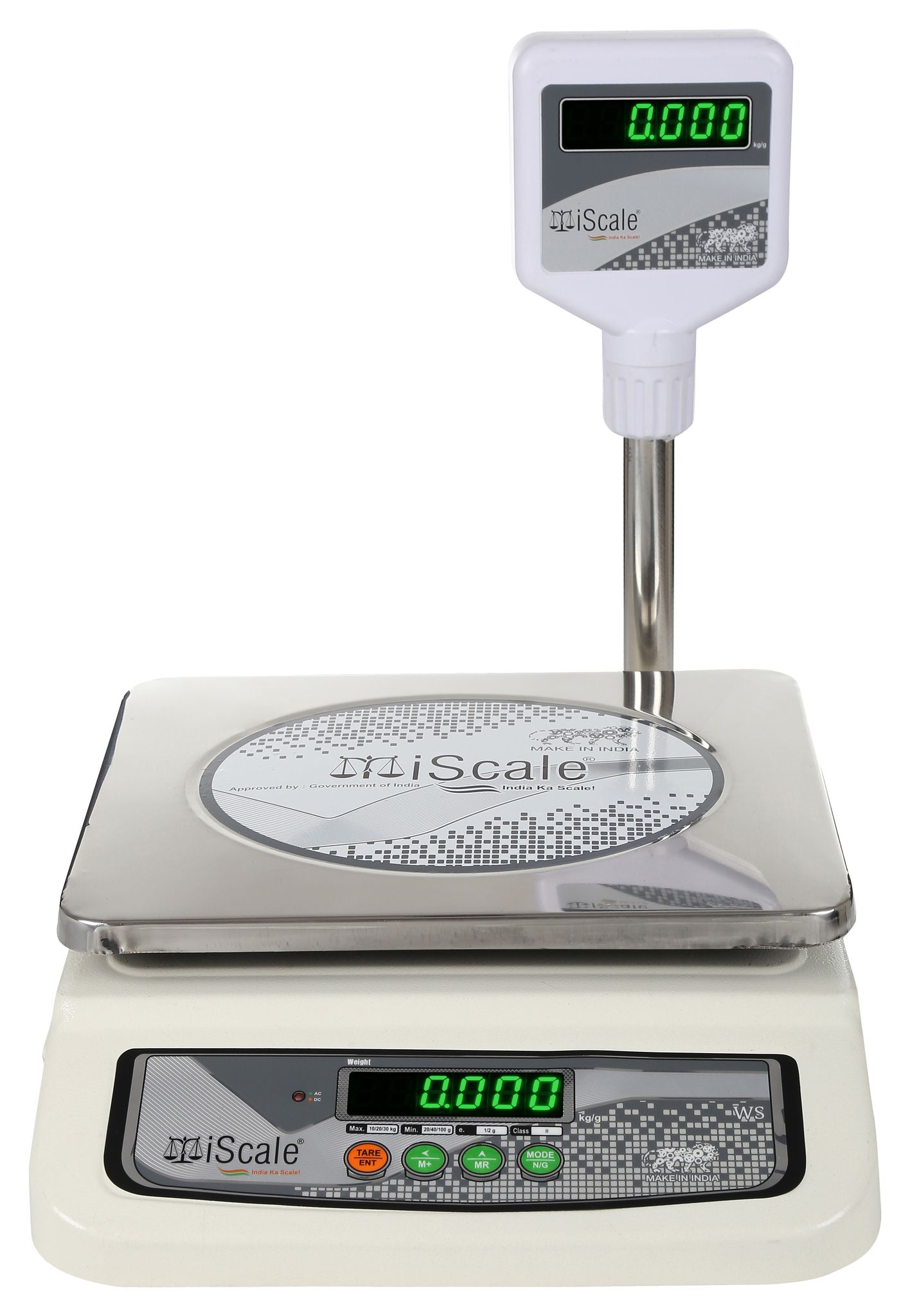 iScale i-05 Weight Capacity 30kg x 1g Accuracy, Premium Digital Chargeable Weighing Machine/ Weighing Scale with Front and Pole Double Green Display, Stainless Steel Pan, 10x12" for Shop, Kitchen and Commercial Purposes