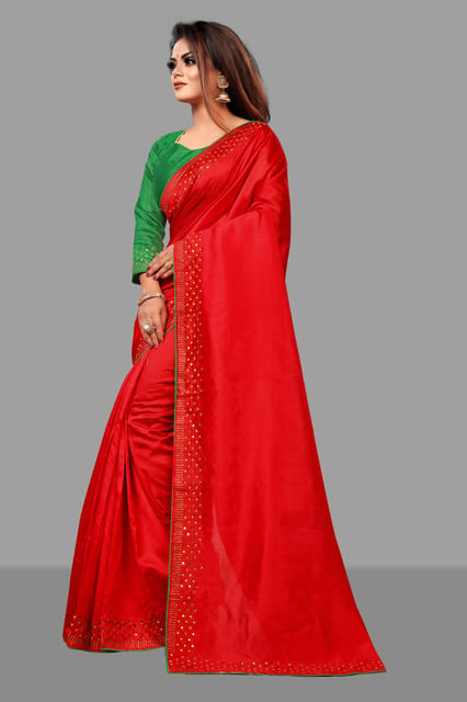 Chilli red plain design mysore silk saree, contrast zari border of  intricate designs & pallu of stripes