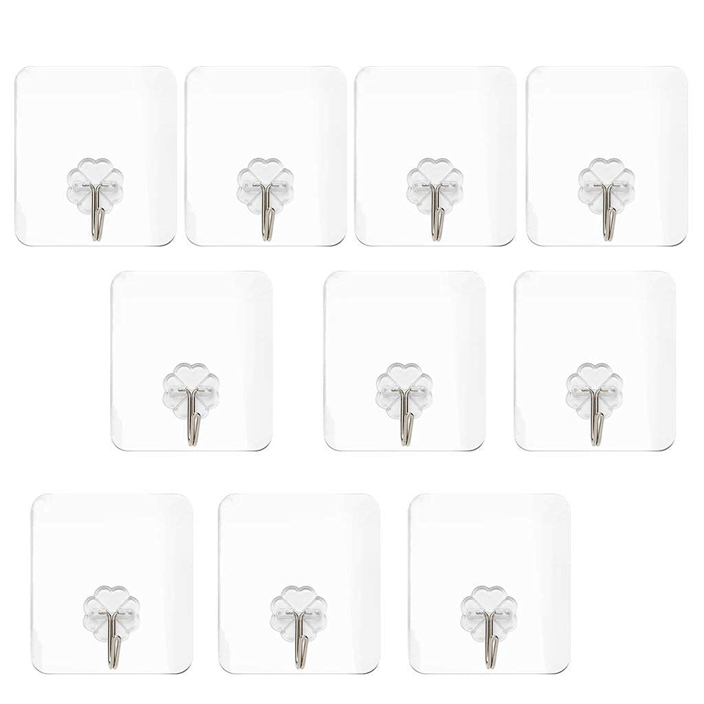 EVERSTRONG Waterproof Stick on Adhesive Stronger Plastic Wall Hooks Hangers for Hanging Robe, Coat, Towel, Keys, Bags, Lights, Calendars, Max Load 15 kg - Pack of 10, Transparent