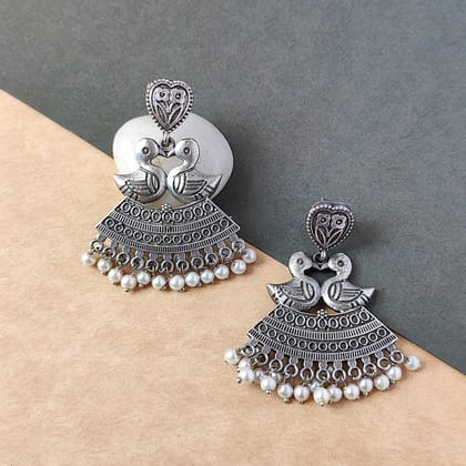 Antique Silver Look Alike Oxidized Peacock Dangler Drop Temple Earring For Women And Girls (Female)