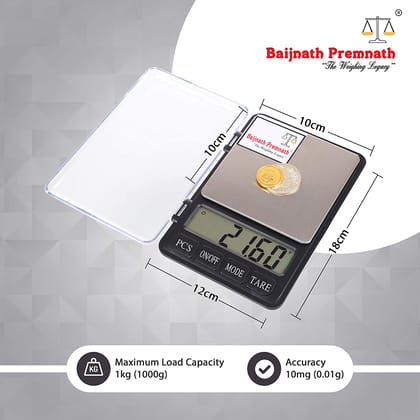 Baijnath Premnath Dairy 1kg (1000gram) x 0.01g (10mg) Digital Jewelry Portable Weighing Scale, Gold & Silver ornaments Weight Measuring machine for homes and professionals