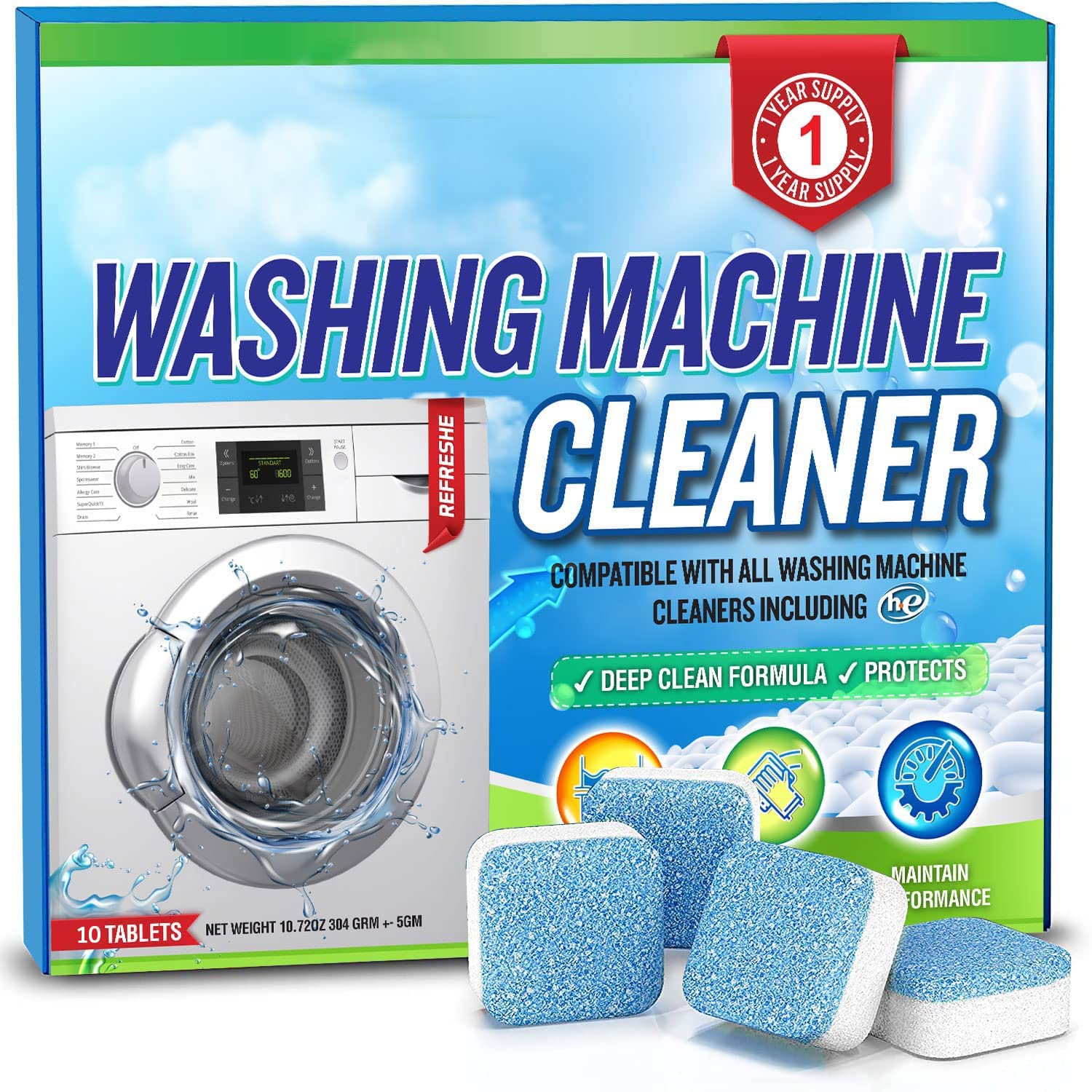 Washing Machine Cleaner Tablets for Top and Front Loading Washers Deep Cleaning Remover - 10 Tablets Included, Size: 10pcs, White