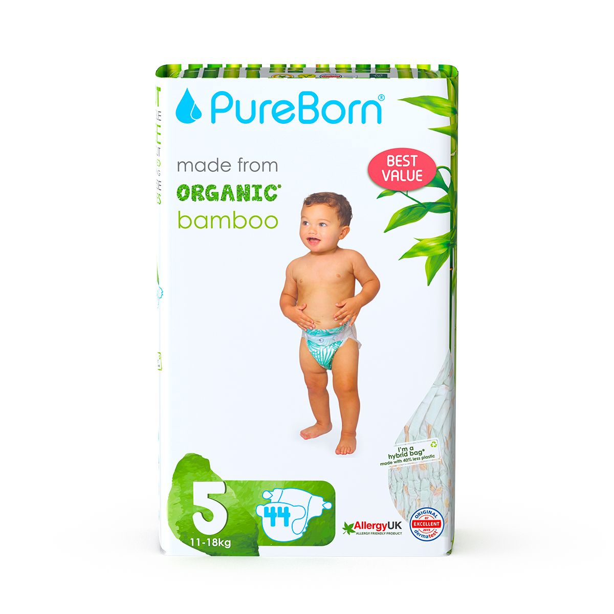 Pureborn Organic Disposable diapers 11 -18 kg | 44 Pcs| Size 5 | Super Soft | Maximum Leakage Protection Double Pack