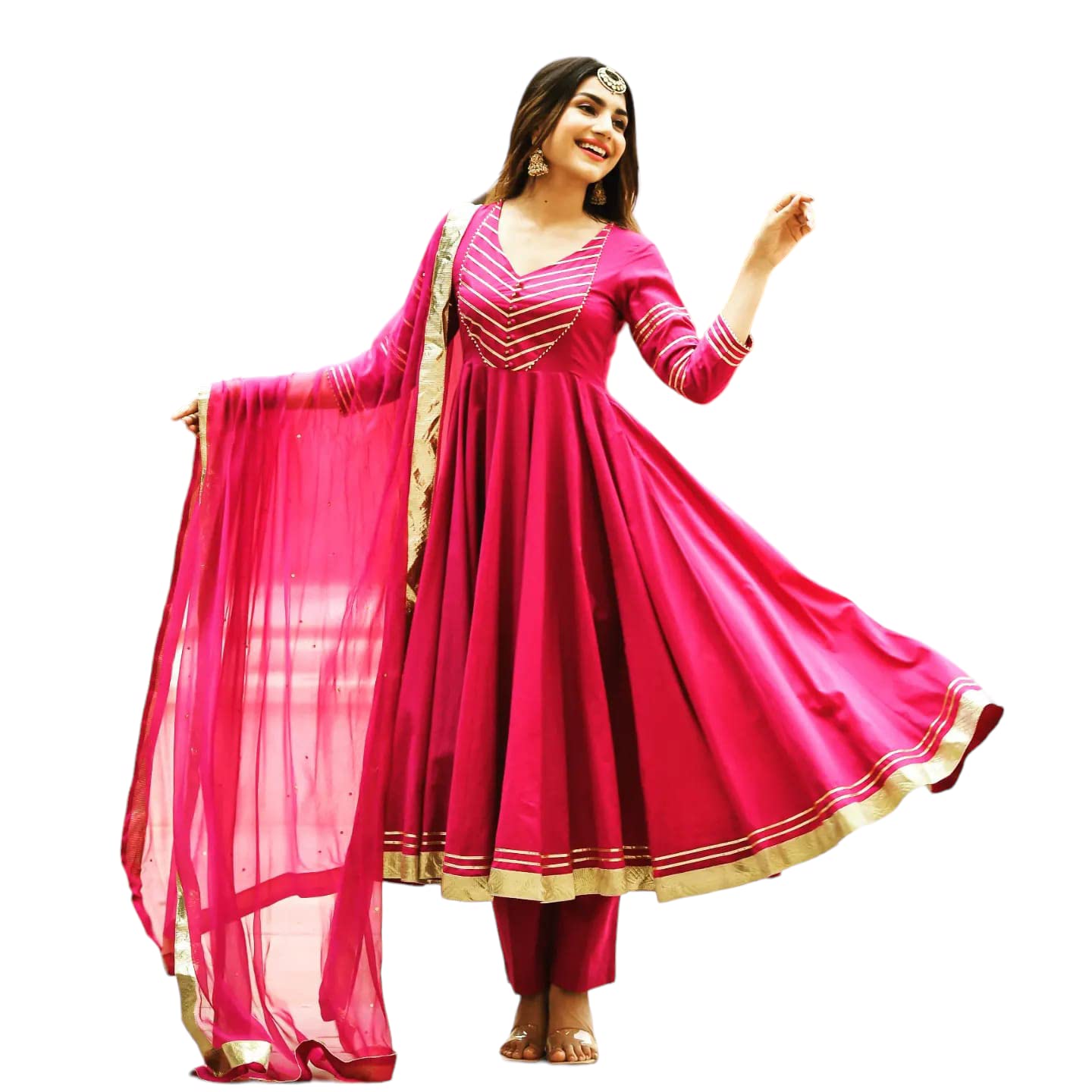 TIC Stylish Anarkali Red Kurti with Pants and Dupatta Rayon Fabric with Gotta Lace Work (X-Large)