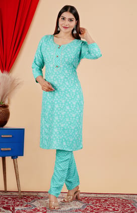 Premium Rayon Women Cotton Printed Long Kurti with Pant