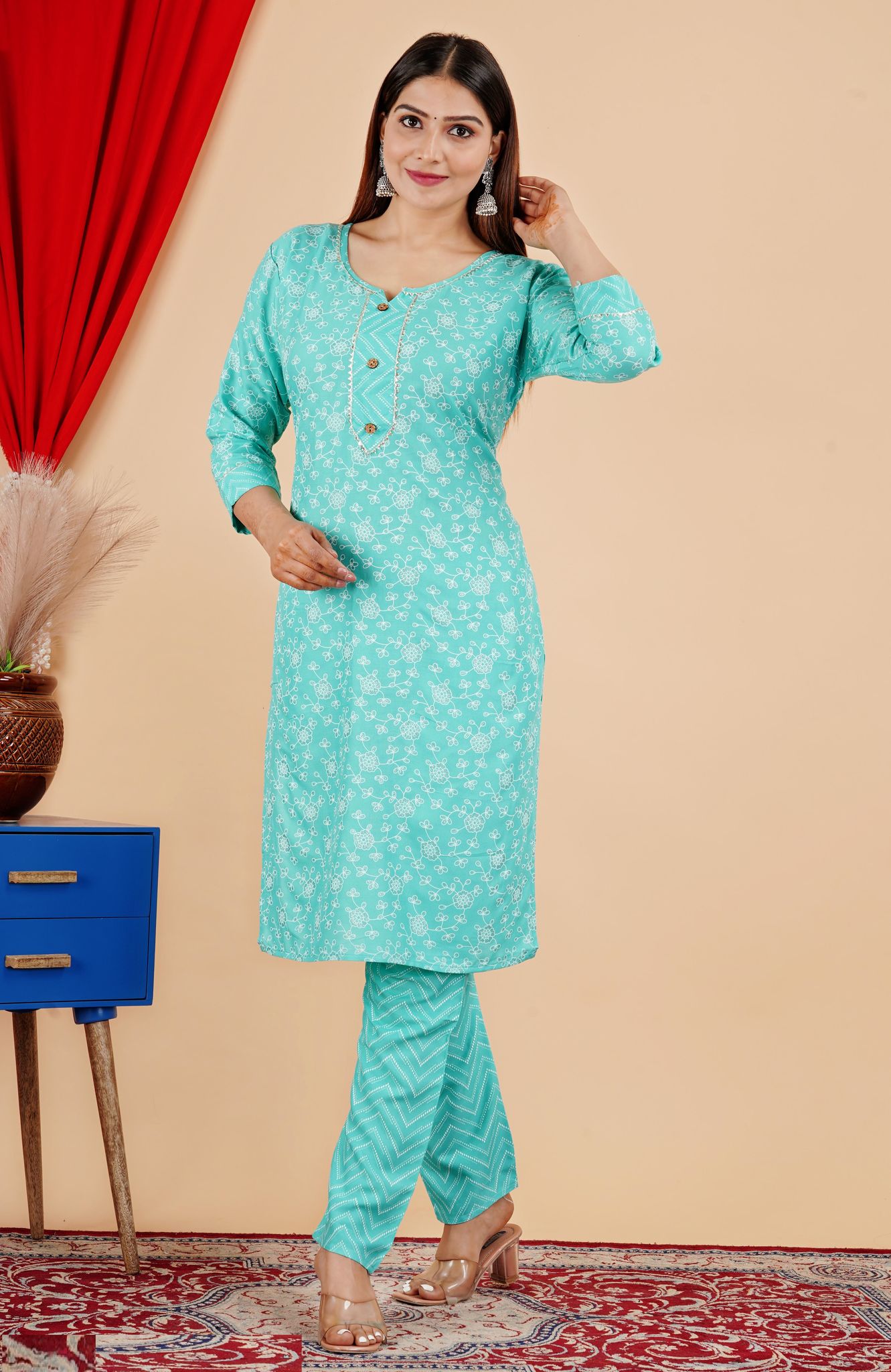 Premium Rayon Women Cotton Printed Long Kurti with Pant