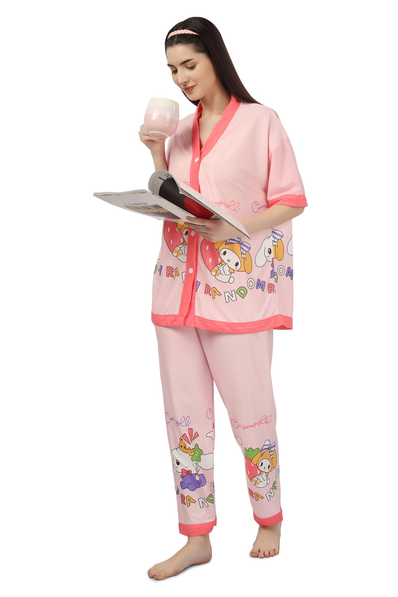 AUREA-#-02- HALF SLEEVES GRAPHIC PRINTED BUTTONED SHIRT & PYJAMA NIGHT SUIT SET FOR GIRLS AND WOMEN