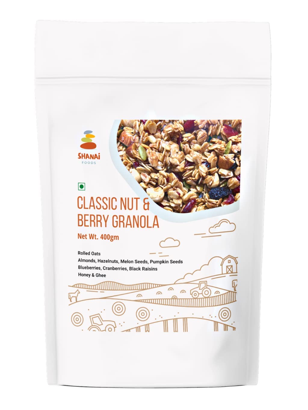 Shanai Foods Classic Nut & Berry Granola 400g - With Nuts, Berries, Honey, Ghee