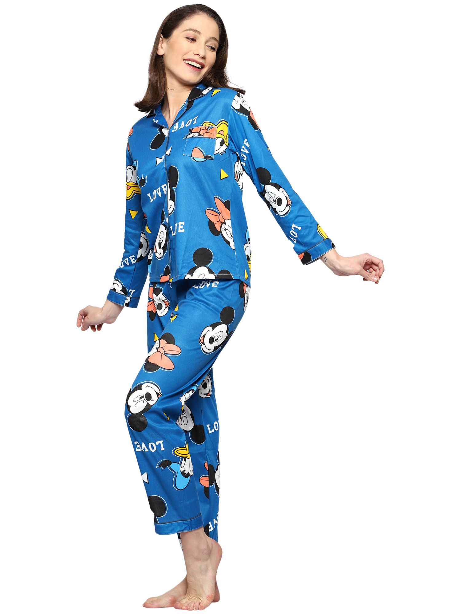 AUREA-201- FULL SLEEVES SOLID PRINTED BUTTONED-SHIRT & PYJAMA NIGHT SUIT SET FOR GIRLS & WOMEN