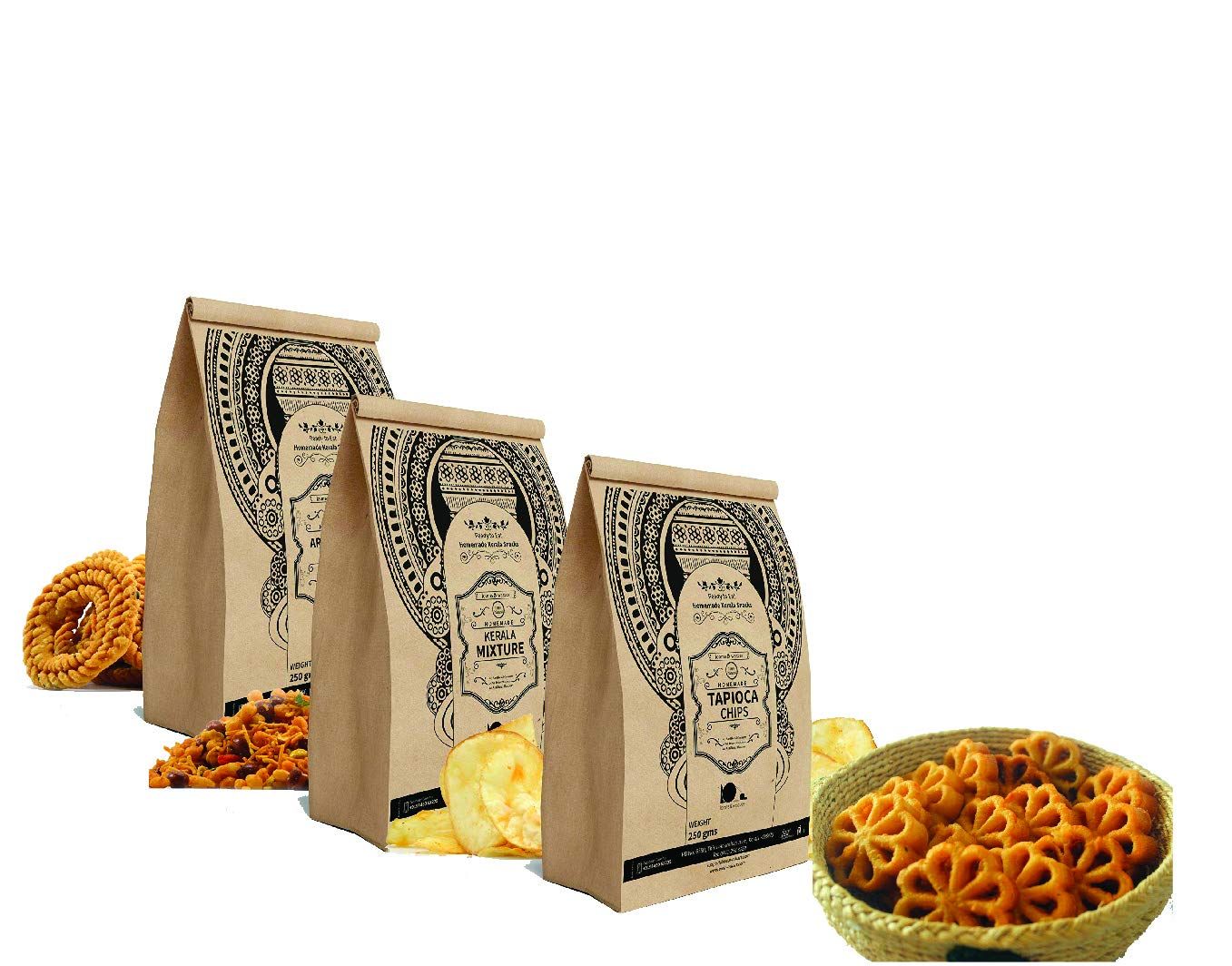 Special Gift Pack of Kerala Snacks – Ari Murukku + Kerala Mixture + Achappam + Non - Spicy Tapioca Chips – 250 gm each