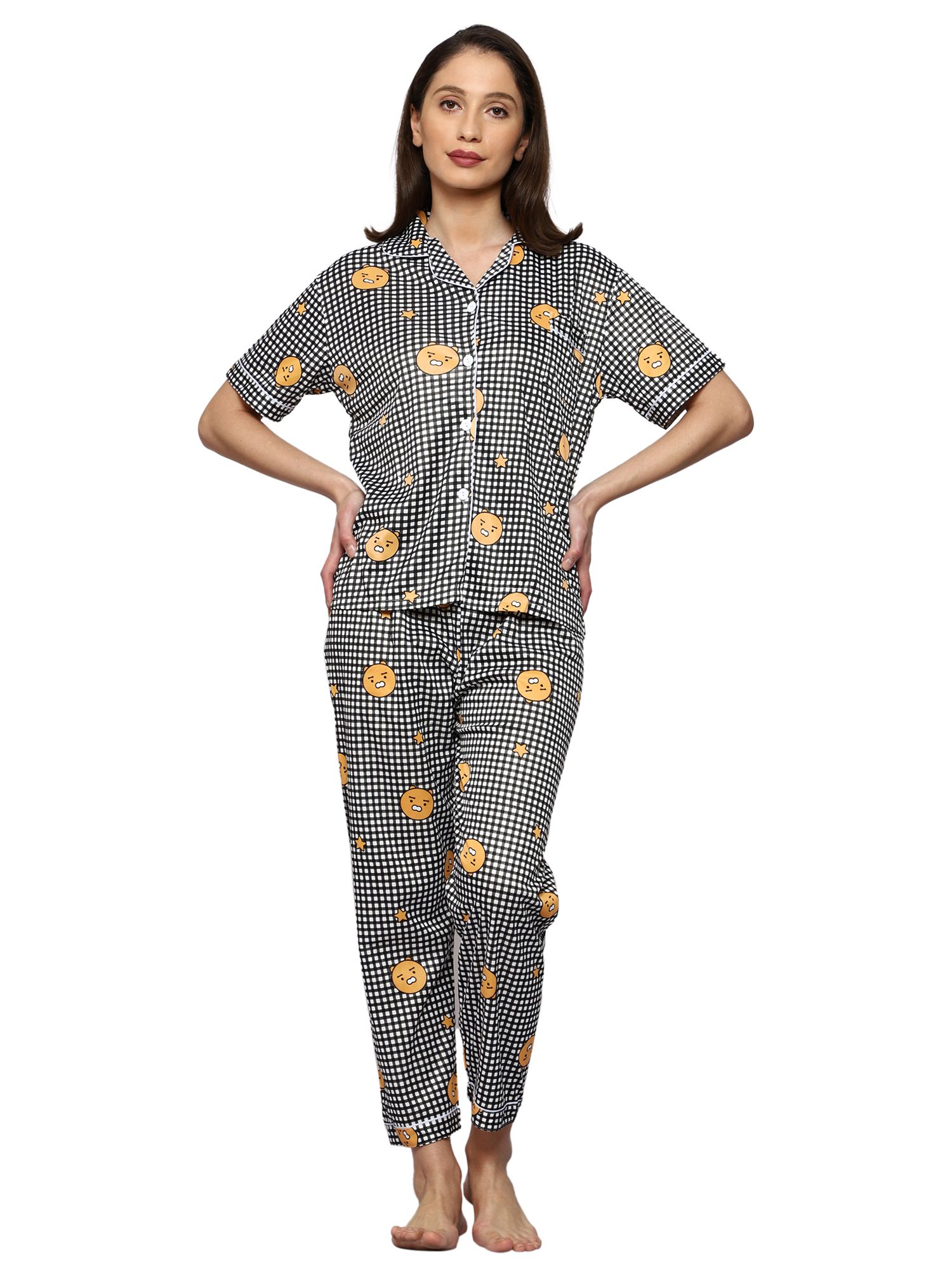 AUREA-501- Half Sleeves Solid printed Buttoned-shirt & Pyjama Night Suit Set For Girls & Women