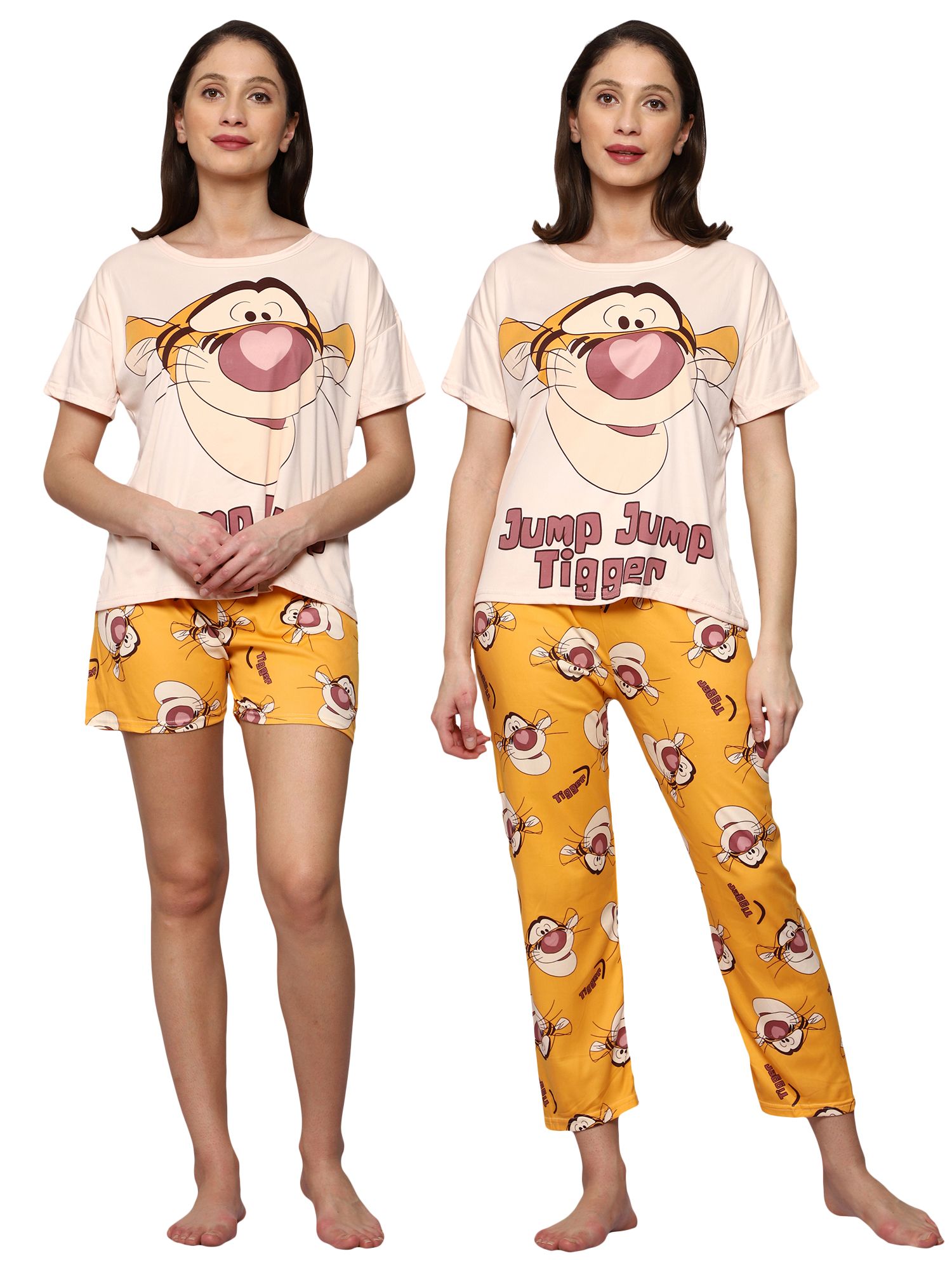 AUREA-508- HALF SLEEVES CARTOON PRINTED T-SHIRT PYJAMA & SHORTS NIGHT SUIT 3 PCS SET FOR GIRLS & WOMEN