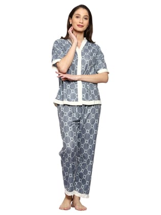 AUREA-801- GRAPHIC PRINTED HALF SLEEVES BUTTONED SHIRT WITH PYJAMA NIGHT SUIT SET FOR GIRLS & WOMEN