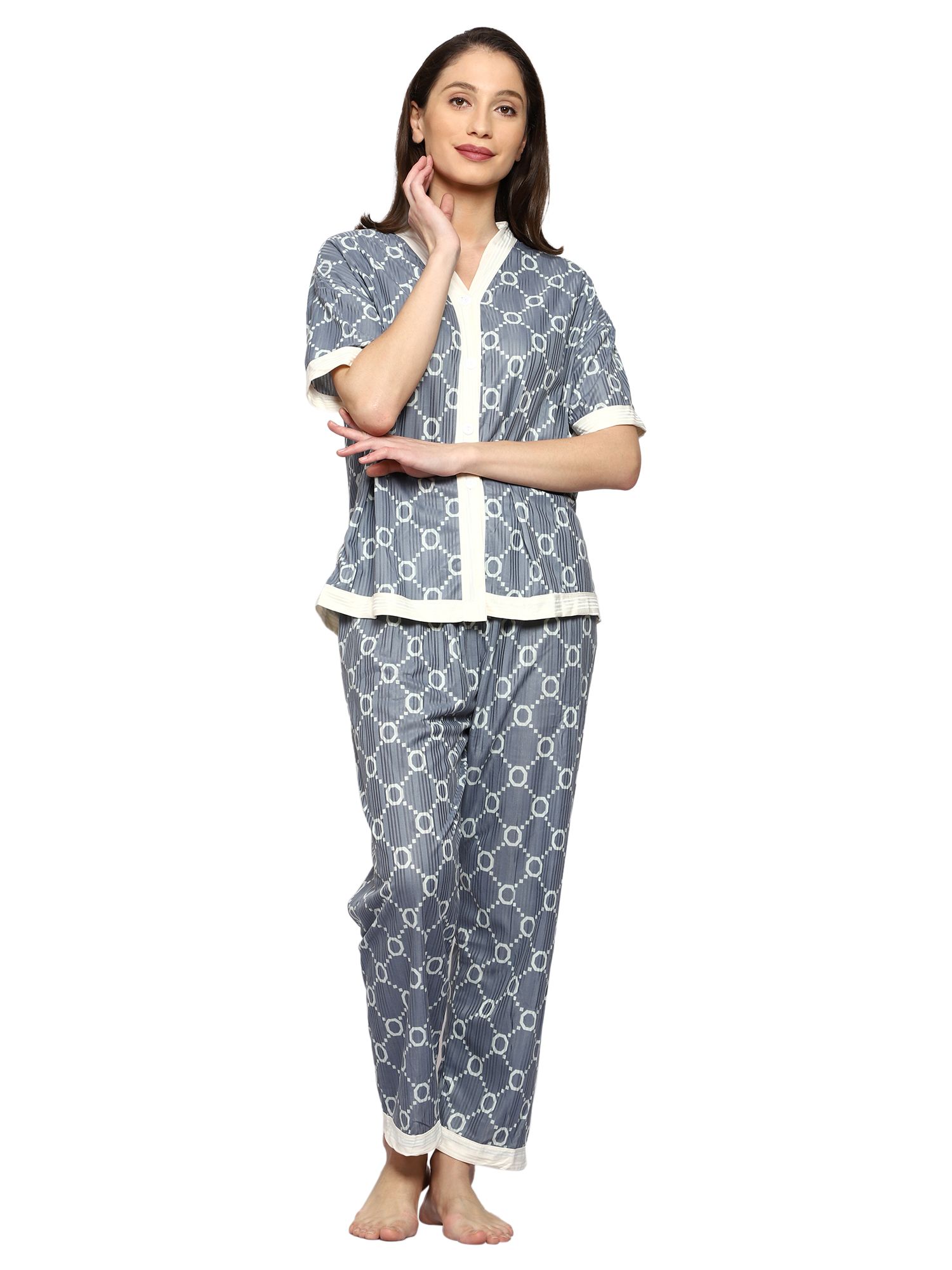 AUREA-801- GRAPHIC PRINTED HALF SLEEVES BUTTONED SHIRT WITH PYJAMA NIGHT SUIT SET FOR GIRLS & WOMEN