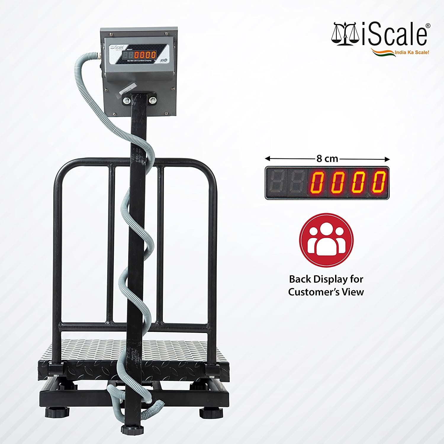 iScale i-19 Weight Capacity 300kg x 50g Accuracy,Chargeable Digital Weighing Machine/Electronic Weighing Scale with Front Back Double Red Display, Heavy-Duty Mild steel Chequered Pan size 24x24"